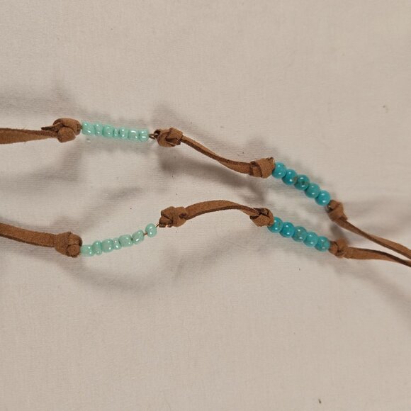 Handcrafted Leather Beaded Necklace With Turquoise Yellow Floral Pendant Tassel - Picture 5 of 8